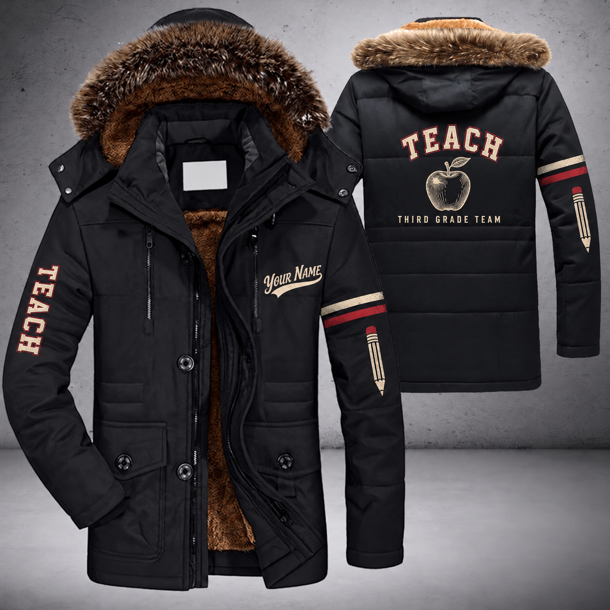 Black parka jacket with a faux-fur hood, apple on the back, "TEACH" lettering and a custom name in script on the chest