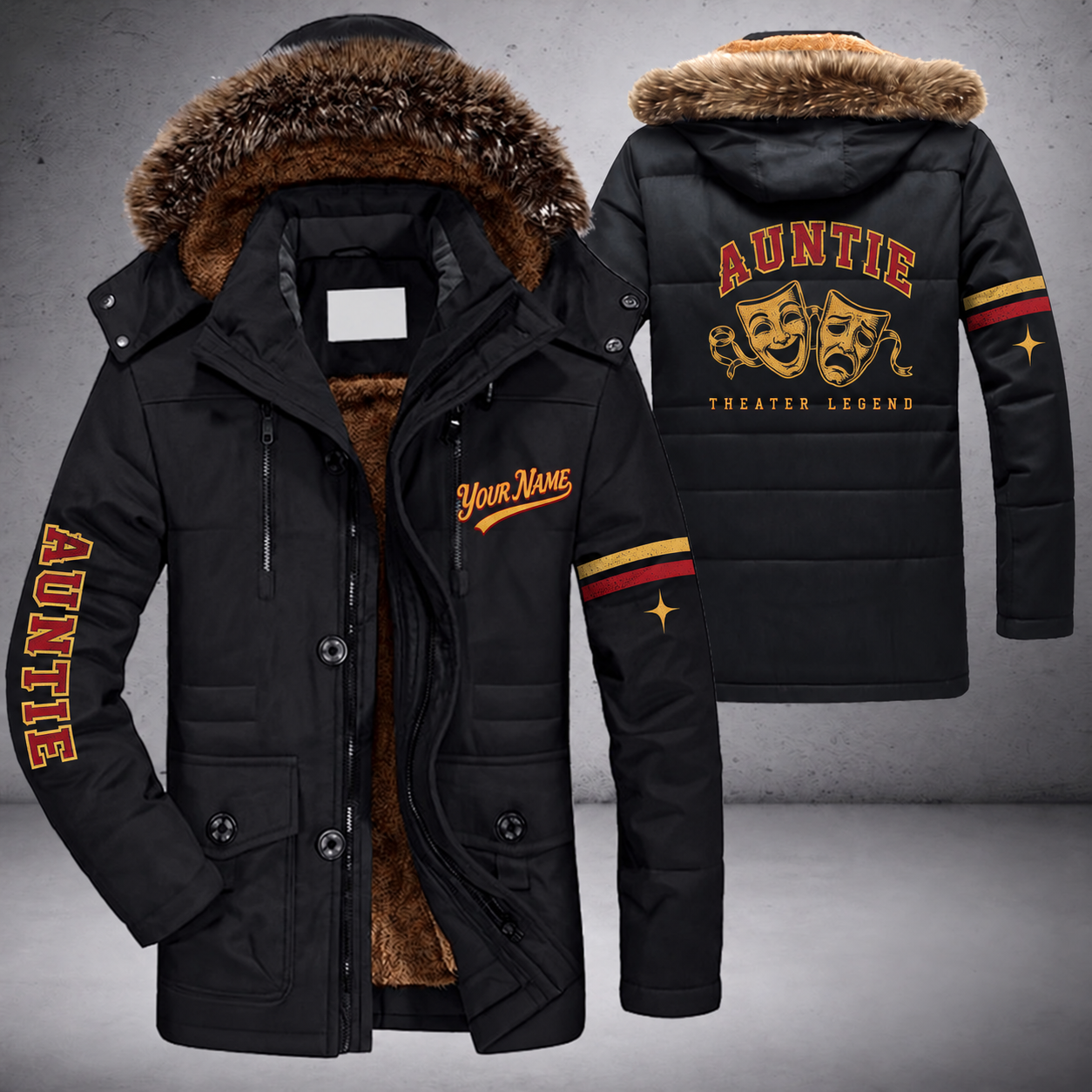 Black parka jacket with a faux-fur hood, comedy tragedy masks on the back, "AUNTIE" lettering and a custom name in script on the chest