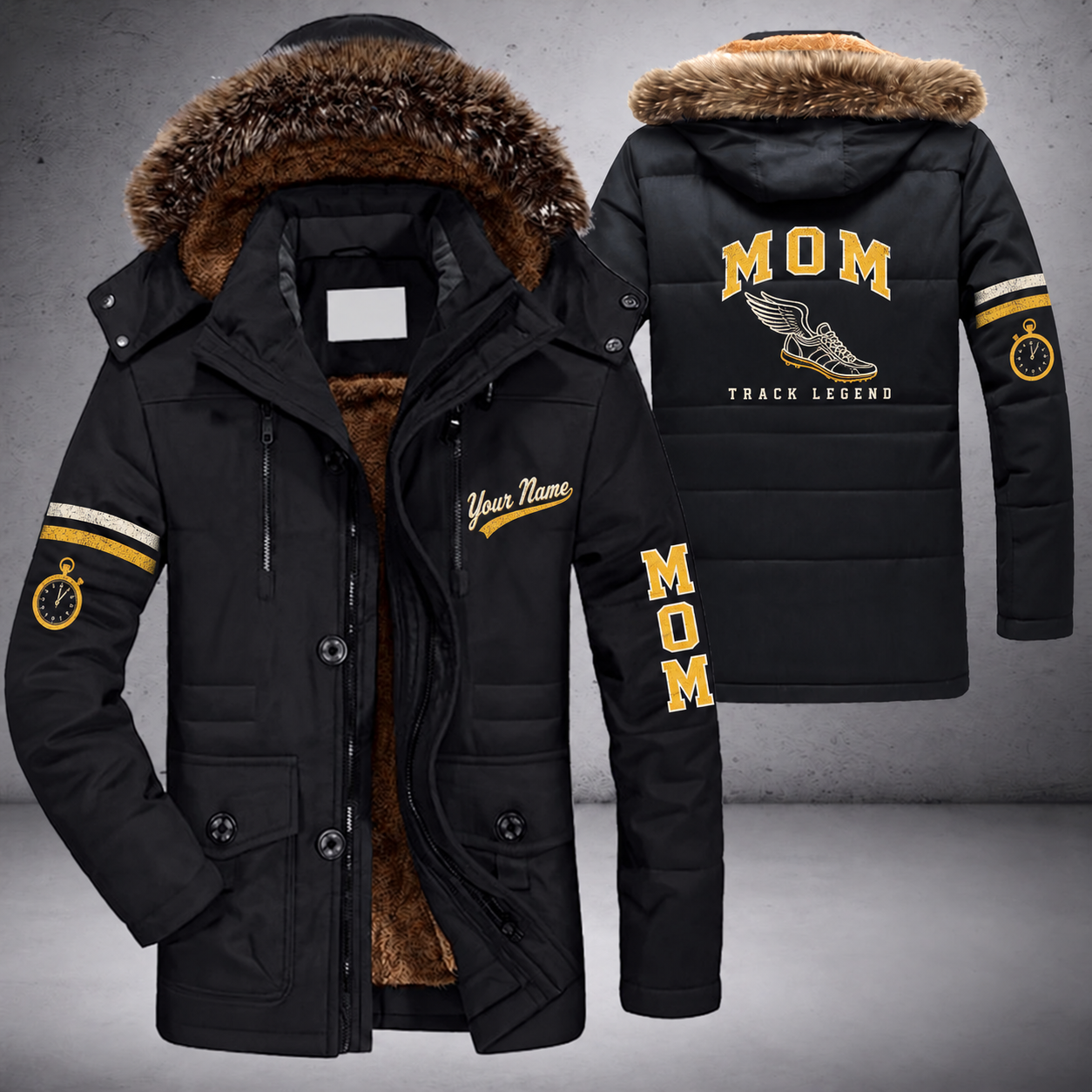 Black parka jacket with a faux-fur hood, winged running shoe on the back, "MOM" lettering and a custom name in script on the chest