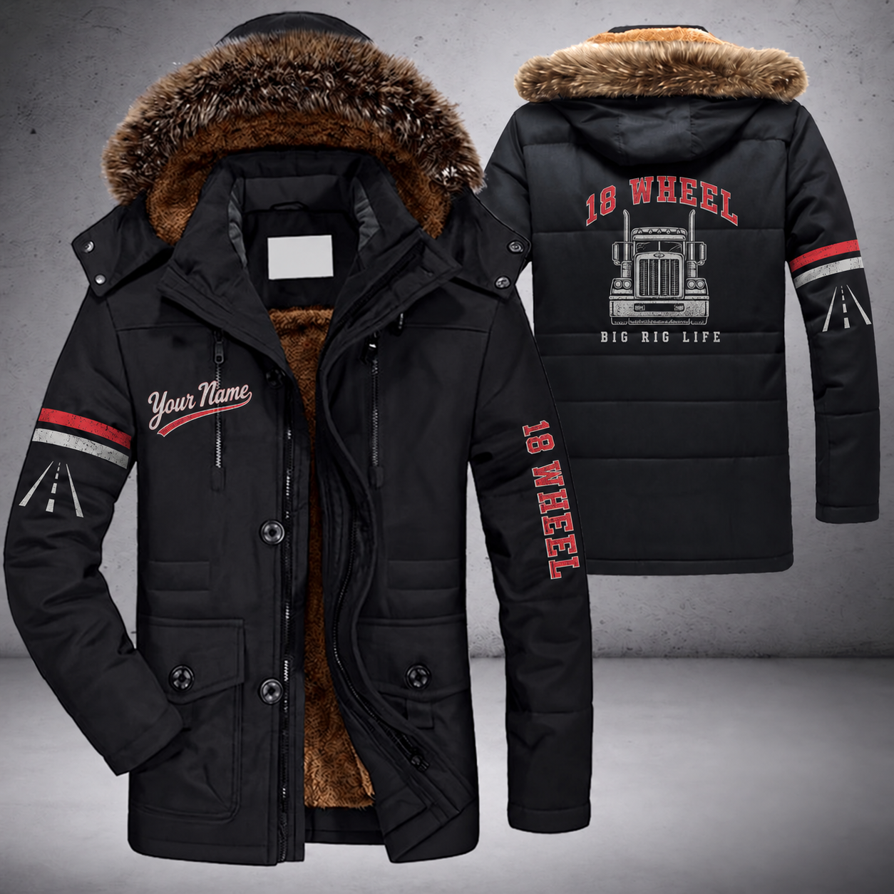 Black parka jacket with a faux-fur hood, semi truck front with no brand badge on the back, "18 WHEEL" lettering and a custom name in script on the chest