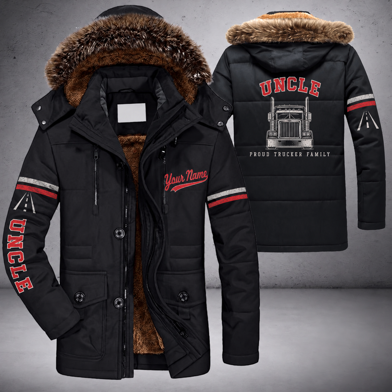 Black parka jacket with a faux-fur hood, semi truck front with no brand badge on the back, "UNCLE" lettering and a custom name in script on the chest