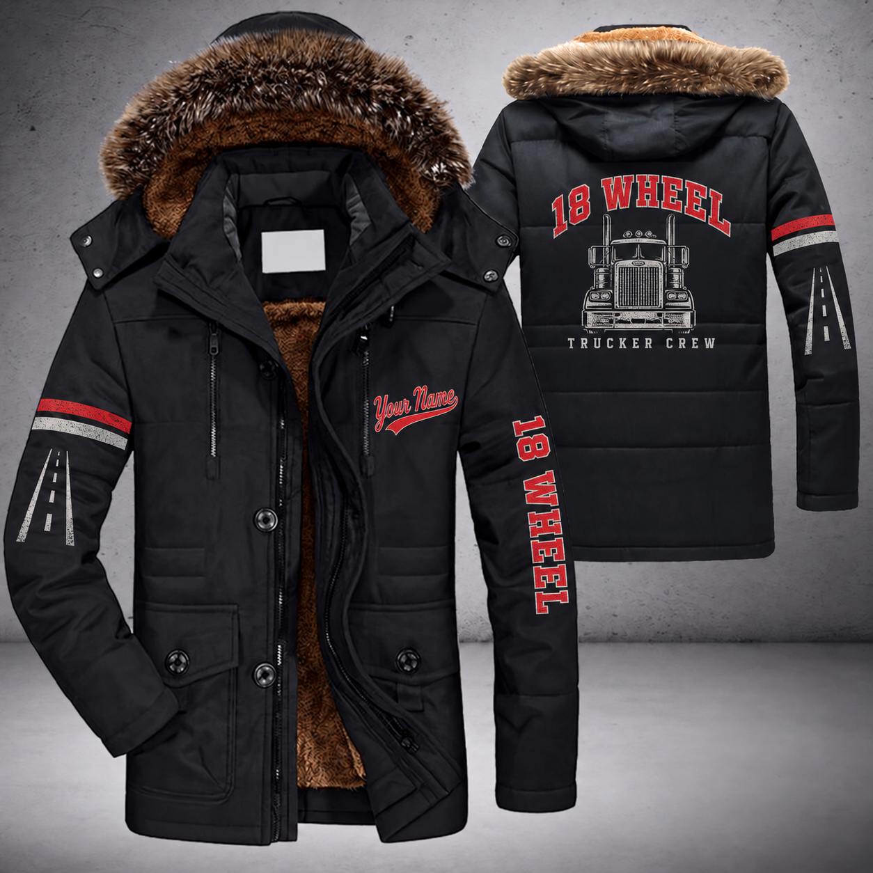 Black parka jacket with a faux-fur hood, semi truck front with no brand badge on the back, "18 WHEEL" lettering and a custom name in script on the chest