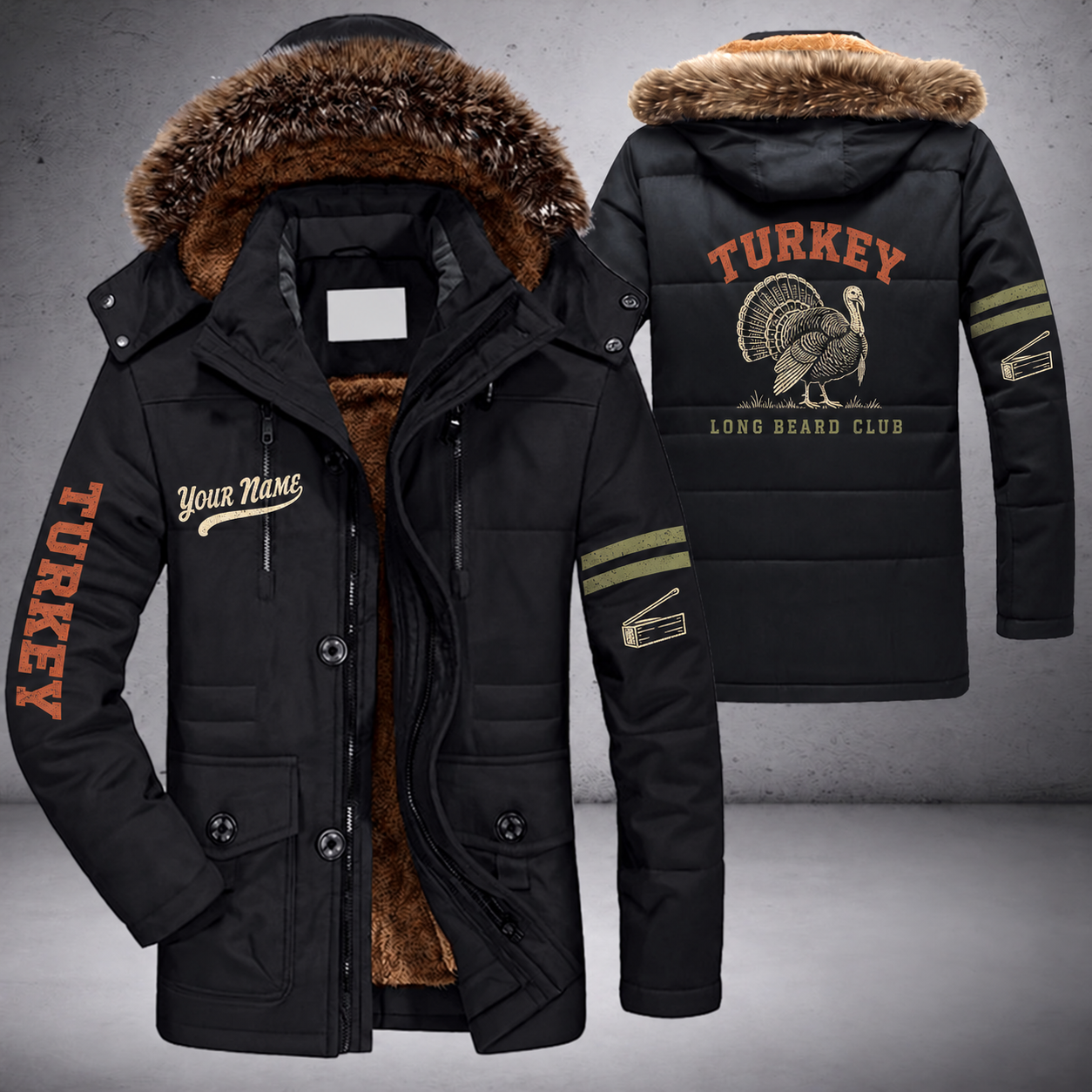Black parka jacket with a faux-fur hood, strutting turkey on the back, "TURKEY" lettering and a custom name in script on the chest