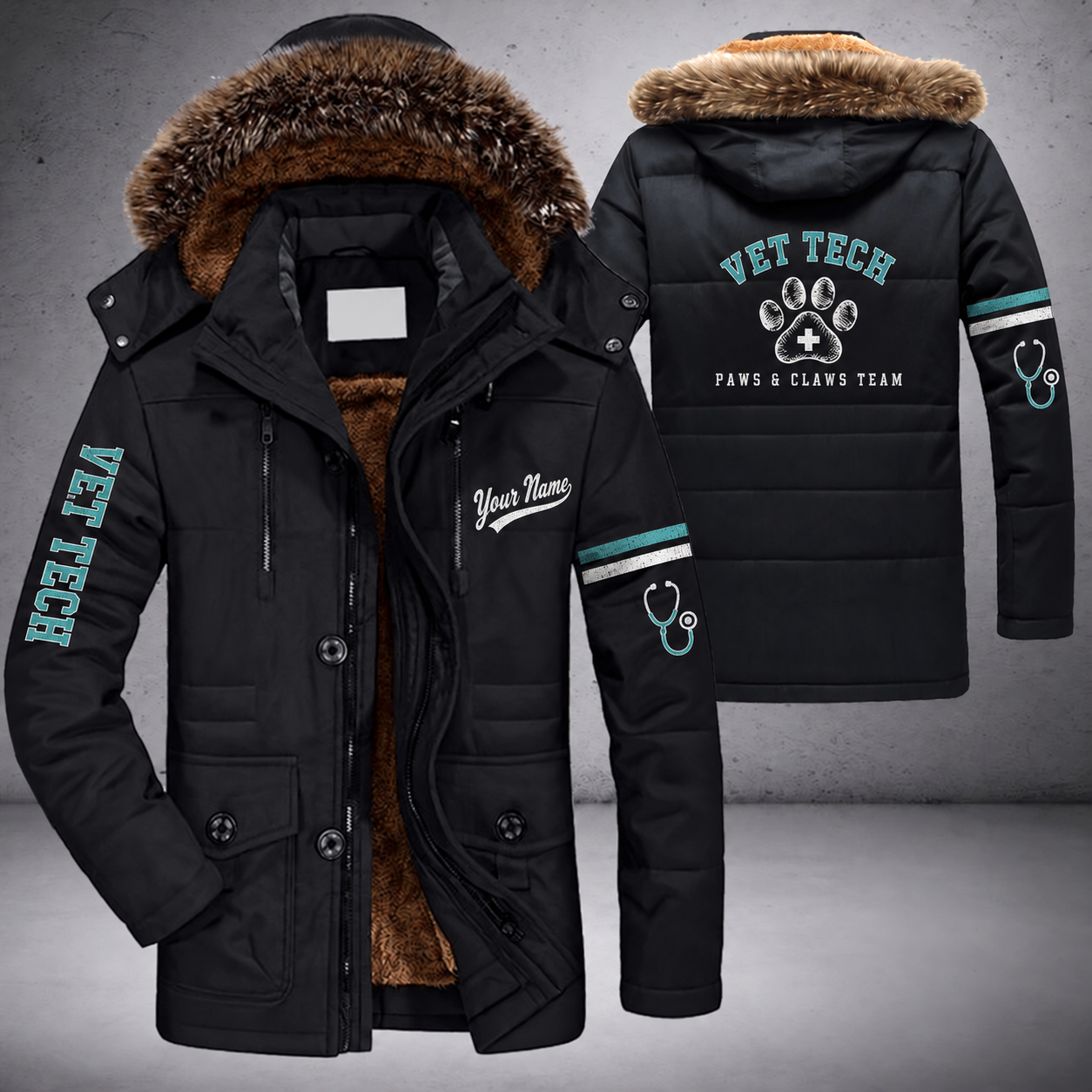 Black parka jacket with a faux-fur hood, paw print with a small white plus sign (never red) on the back, "VET TECH" lettering and a custom name in script on the chest
