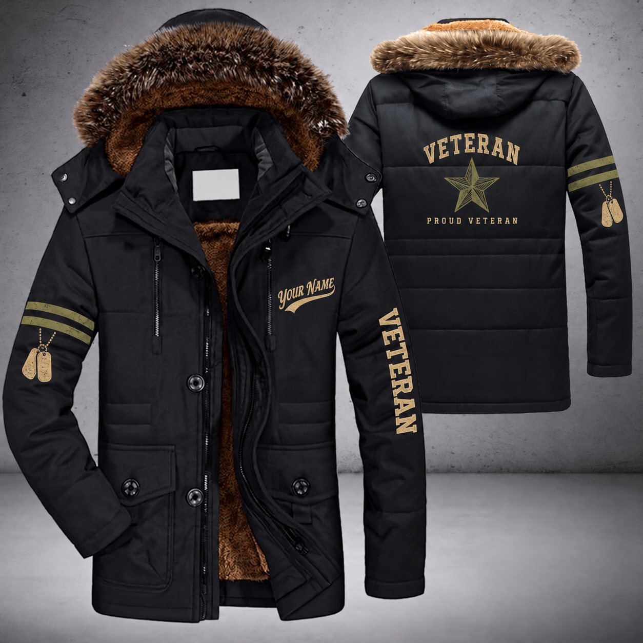 Black parka jacket with a faux-fur hood, five-point star on the back, "VETERAN" lettering and a custom name in script on the chest