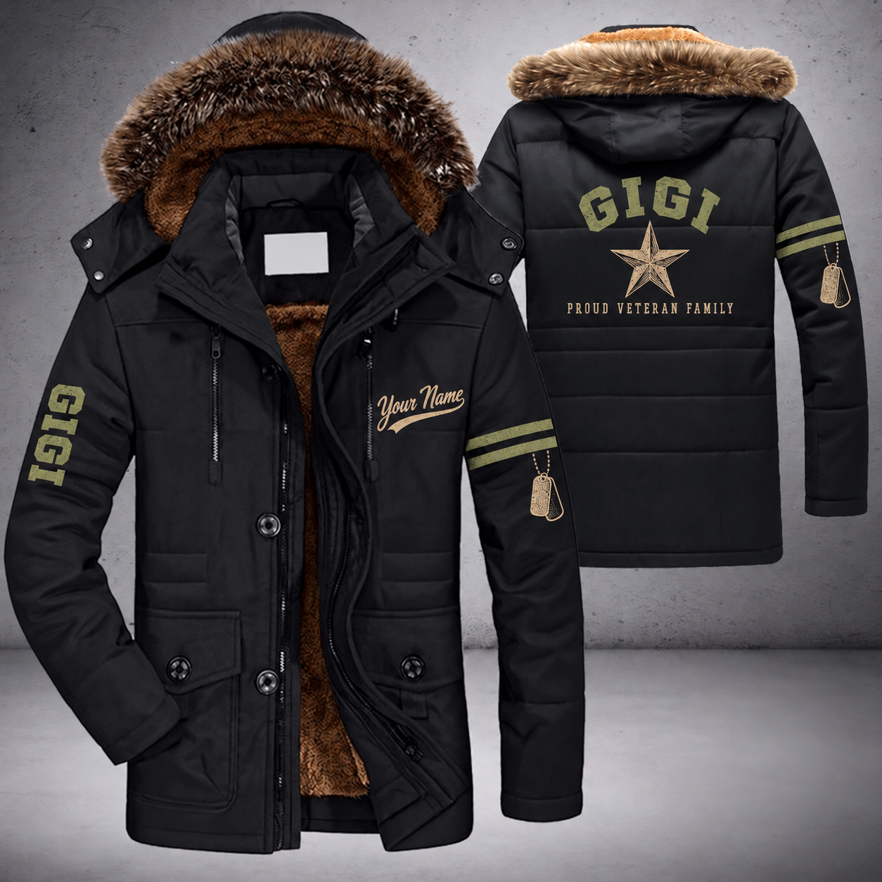 Black parka jacket with a faux-fur hood, five-point star on the back, "GIGI" lettering and a custom name in script on the chest