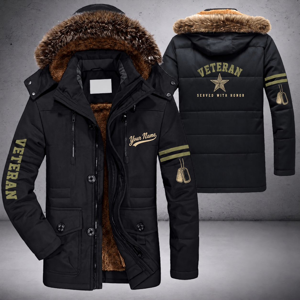 Black parka jacket with a faux-fur hood, five-point star on the back, "VETERAN" lettering and a custom name in script on the chest