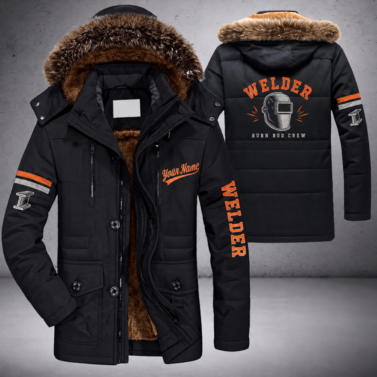 Black parka jacket with a faux-fur hood, welding helmet on the back, "WELDER" lettering and a custom name in script on the chest