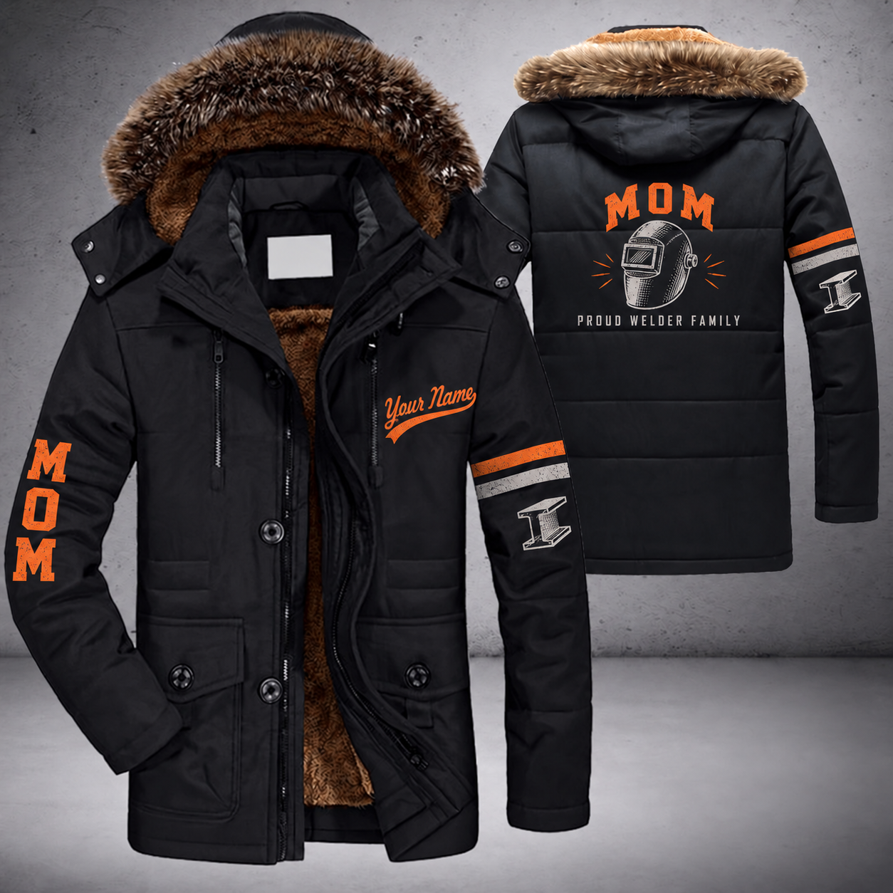Black parka jacket with a faux-fur hood, welding helmet on the back, "MOM" lettering and a custom name in script on the chest