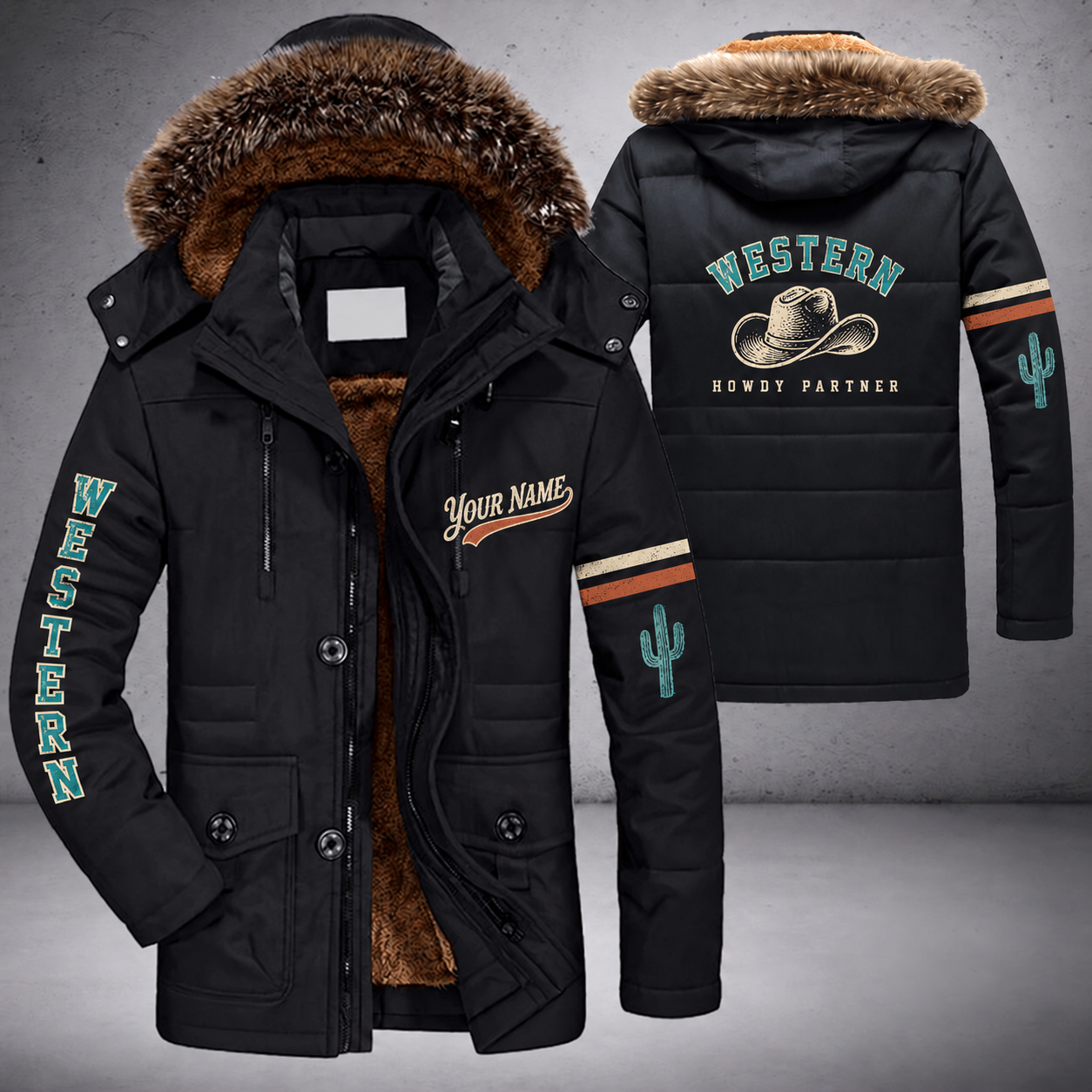 Black parka jacket with a faux-fur hood, cowboy hat on the back, "WESTERN" lettering and a custom name in script on the chest