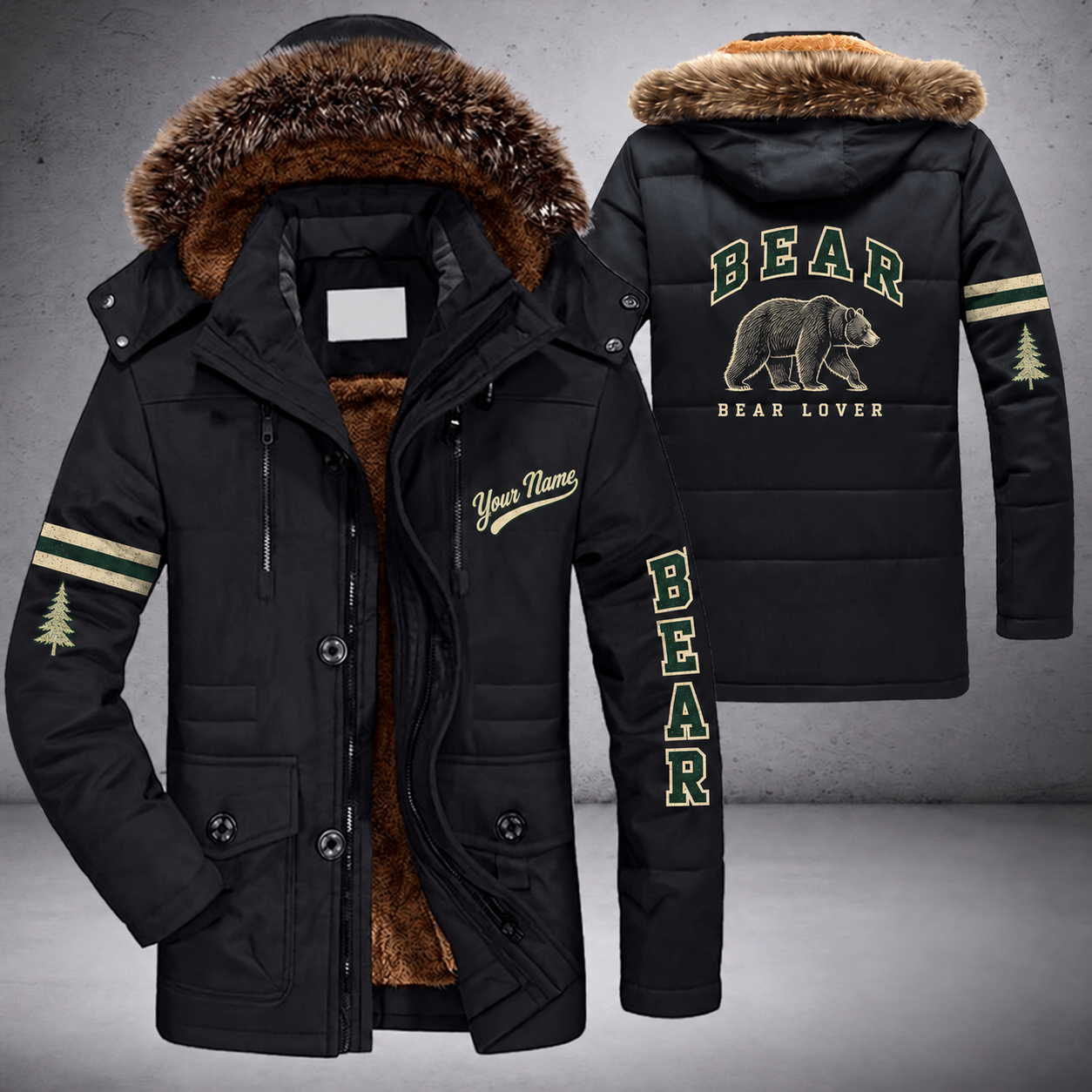 Black parka jacket with a faux-fur hood, black bear on the back, "BEAR" lettering and a custom name in script on the chest