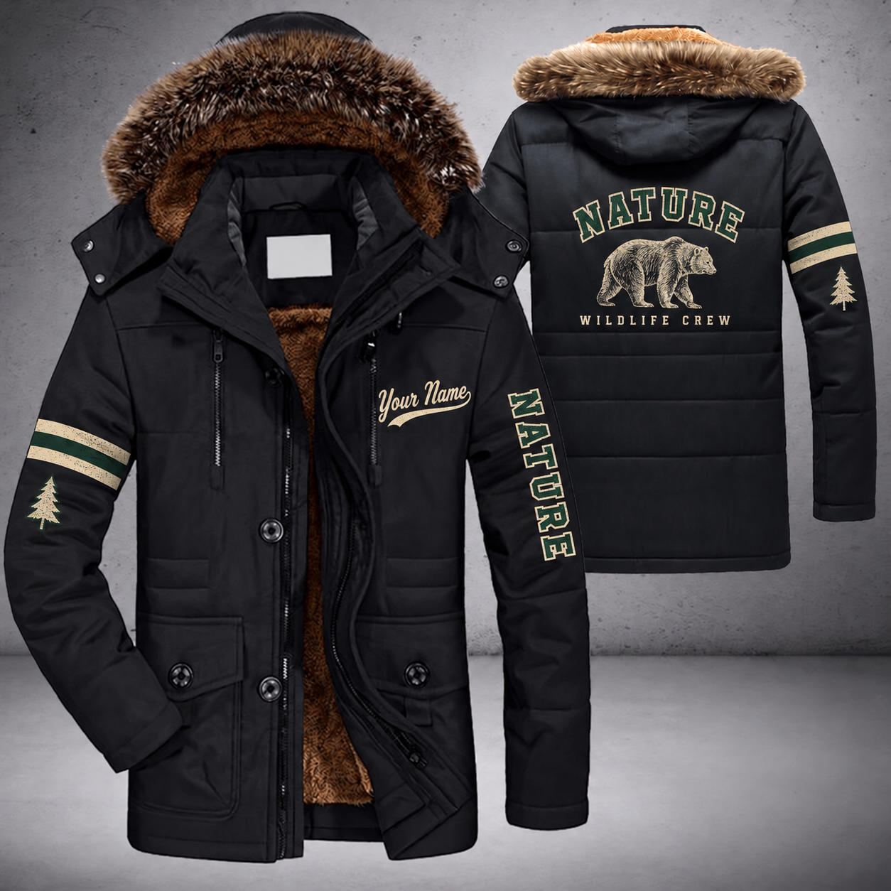 Black parka jacket with a faux-fur hood, bear on the back, "NATURE" lettering and a custom name in script on the chest