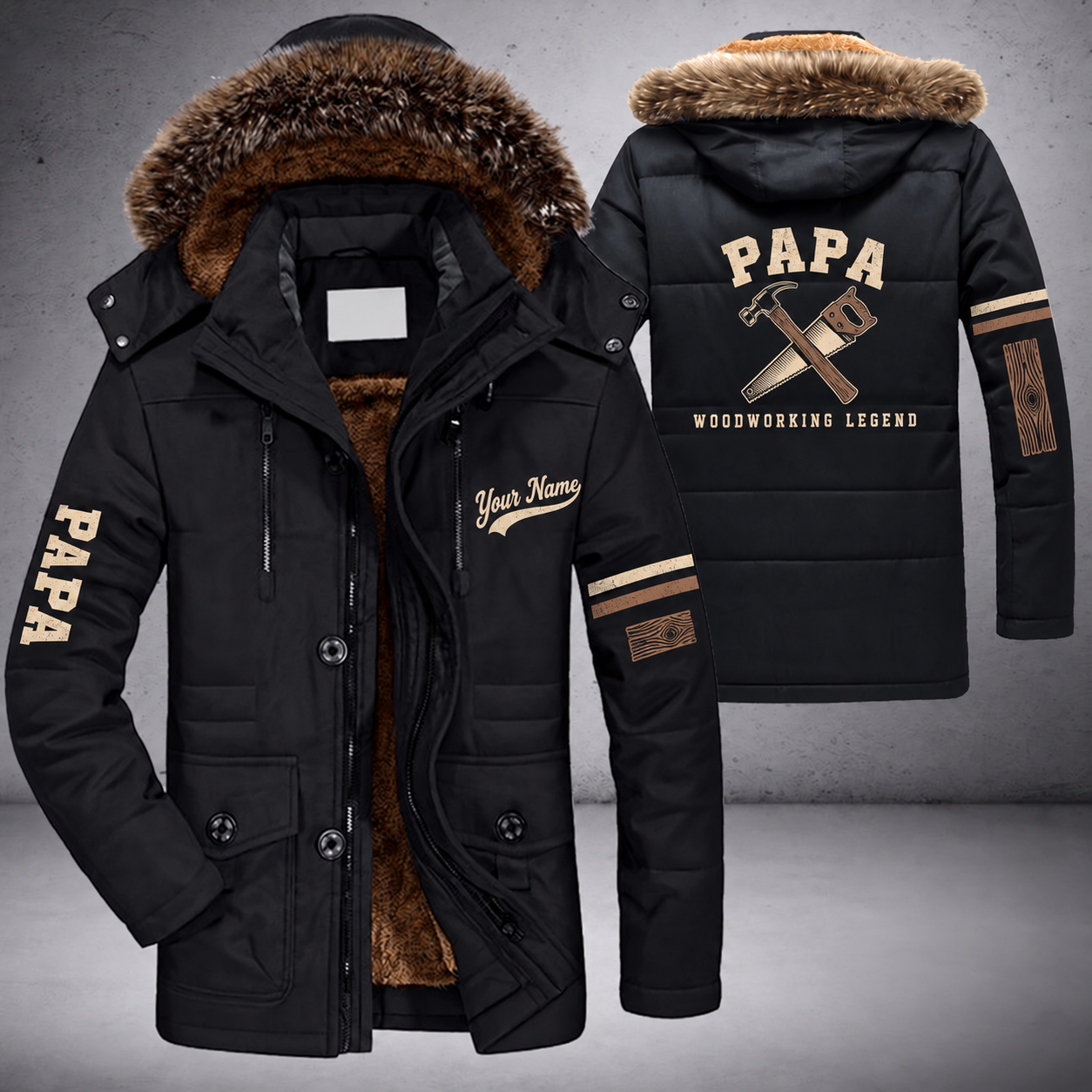 Black parka jacket with a faux-fur hood, crossed hammer and saw on the back, "PAPA" lettering and a custom name in script on the chest