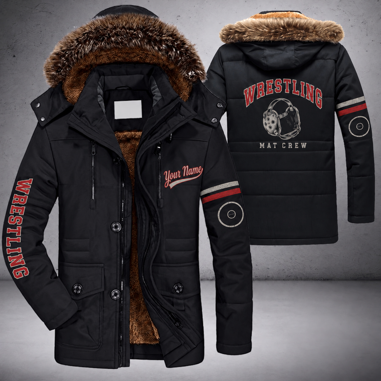 Black parka jacket with a faux-fur hood, wrestling headgear on the back, "WRESTLING" lettering and a custom name in script on the chest
