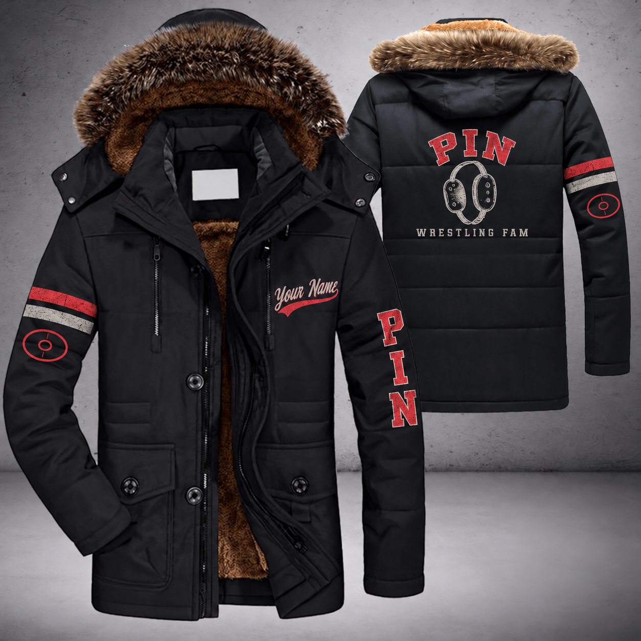 Black parka jacket with a faux-fur hood, wrestling headgear on the back, "PIN" lettering and a custom name in script on the chest