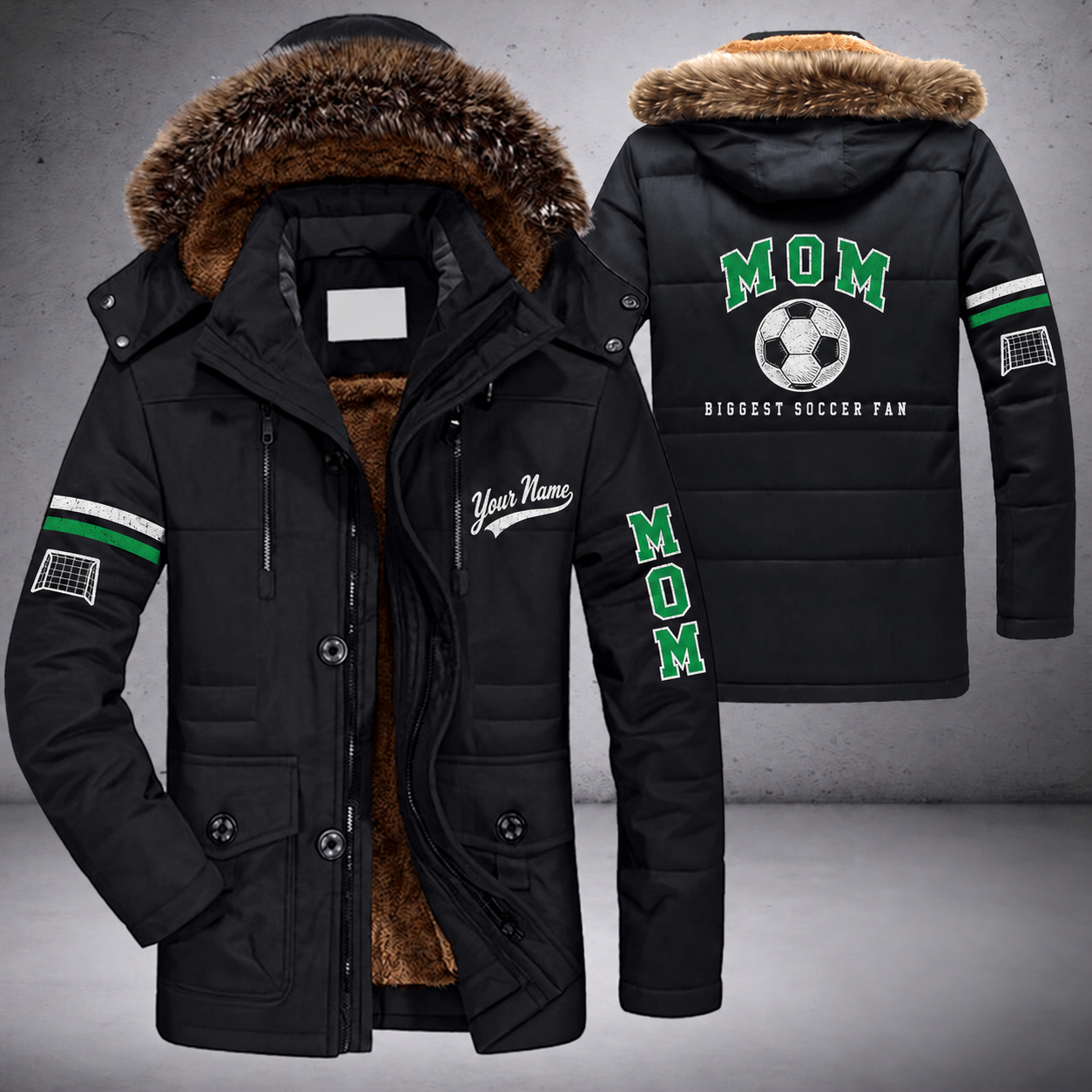 Black parka jacket with a faux-fur hood, soccer ball on the back, "MOM" lettering and a custom name in script on the chest