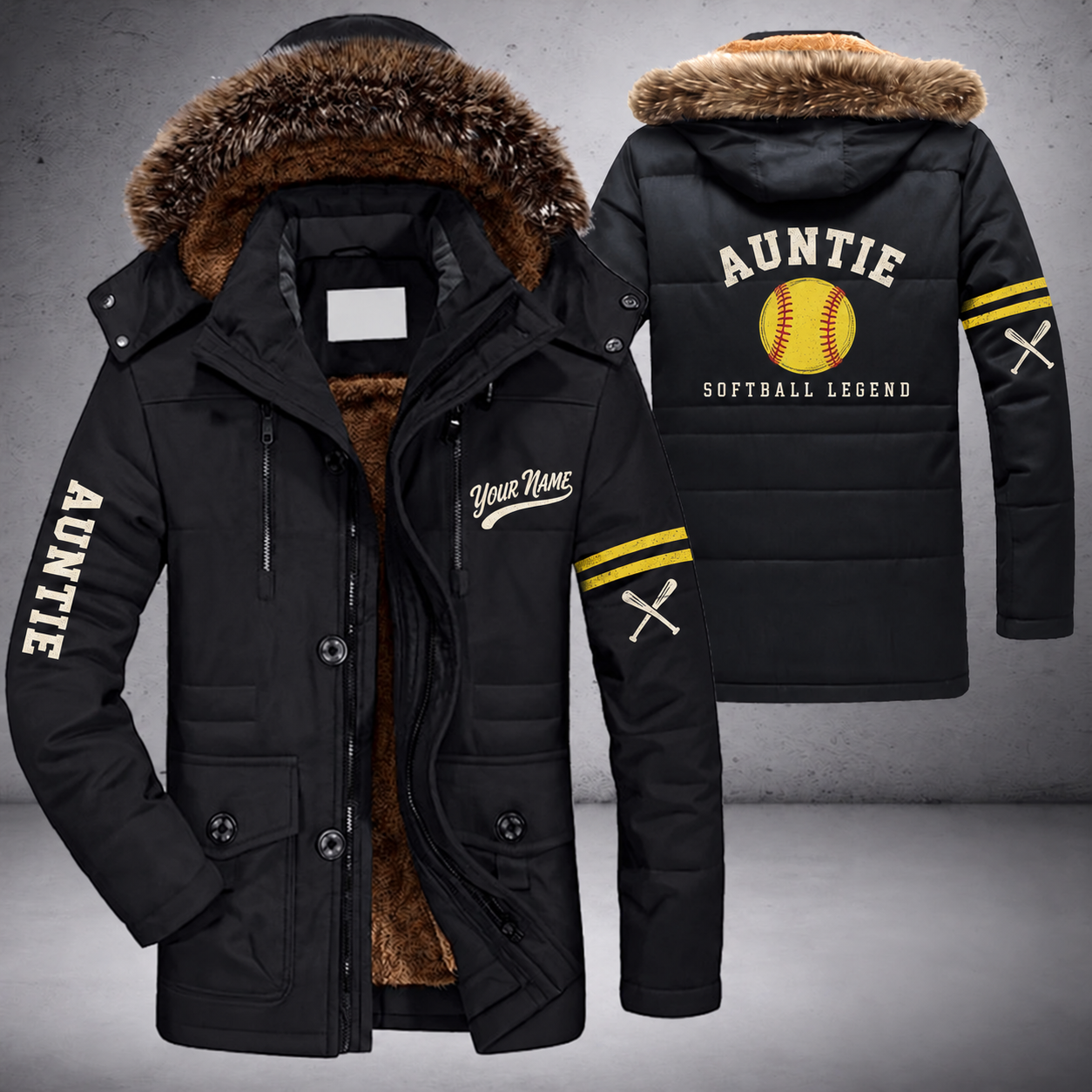 Black parka jacket with a faux-fur hood, yellow softball with red stitches on the back, "AUNTIE" lettering and a custom name in script on the chest