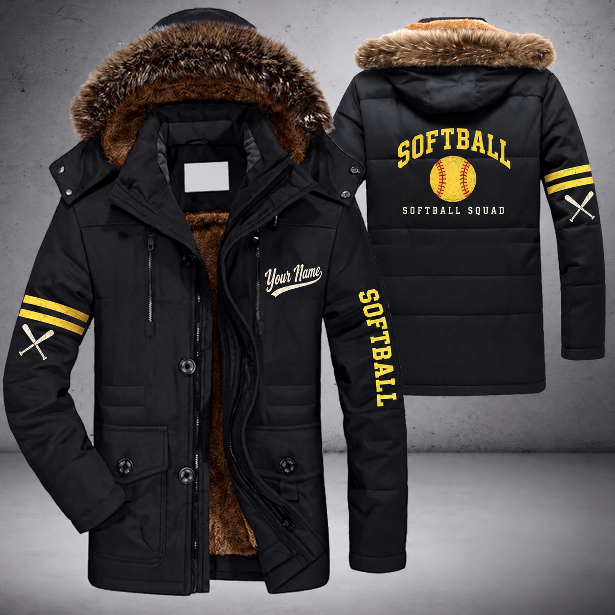 Black parka jacket with a faux-fur hood, yellow softball with red stitches on the back, "SOFTBALL" lettering and a custom name in script on the chest