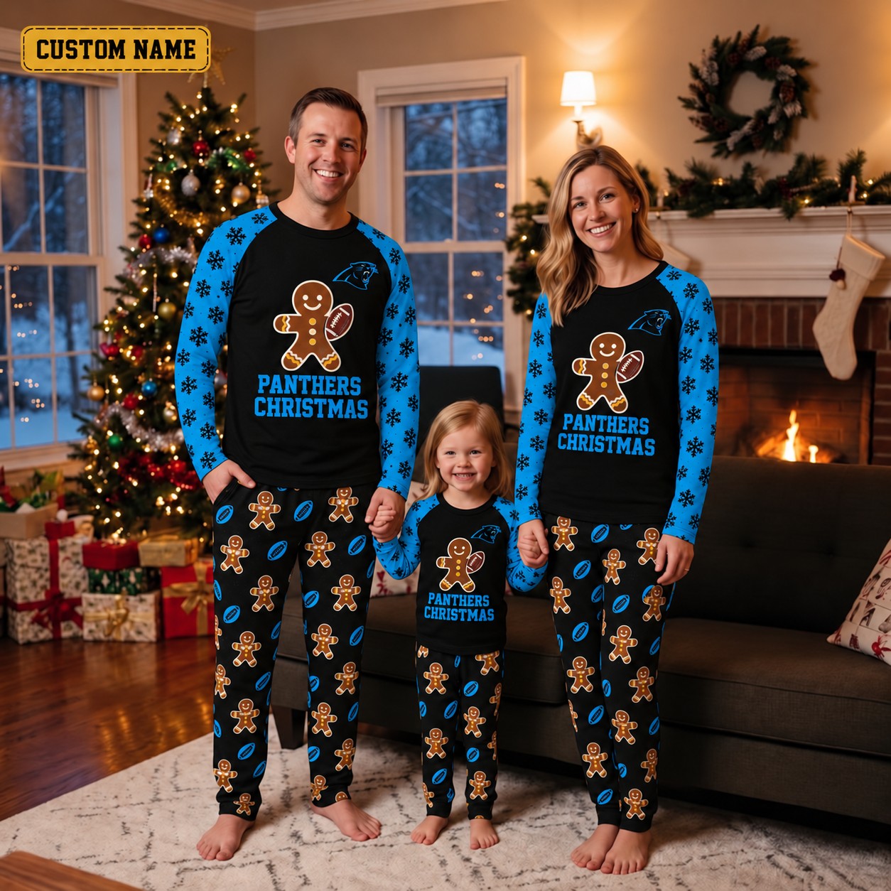 Carolina Panthers family Christmas pajamas, gingerbread design
