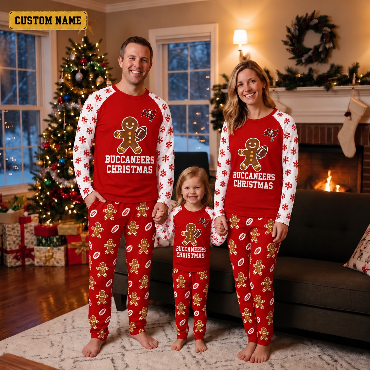 Tampa Bay Buccaneers family Christmas pajamas, gingerbread design