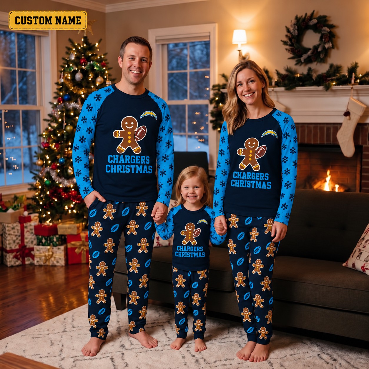 Los Angeles Chargers family Christmas pajamas, gingerbread design