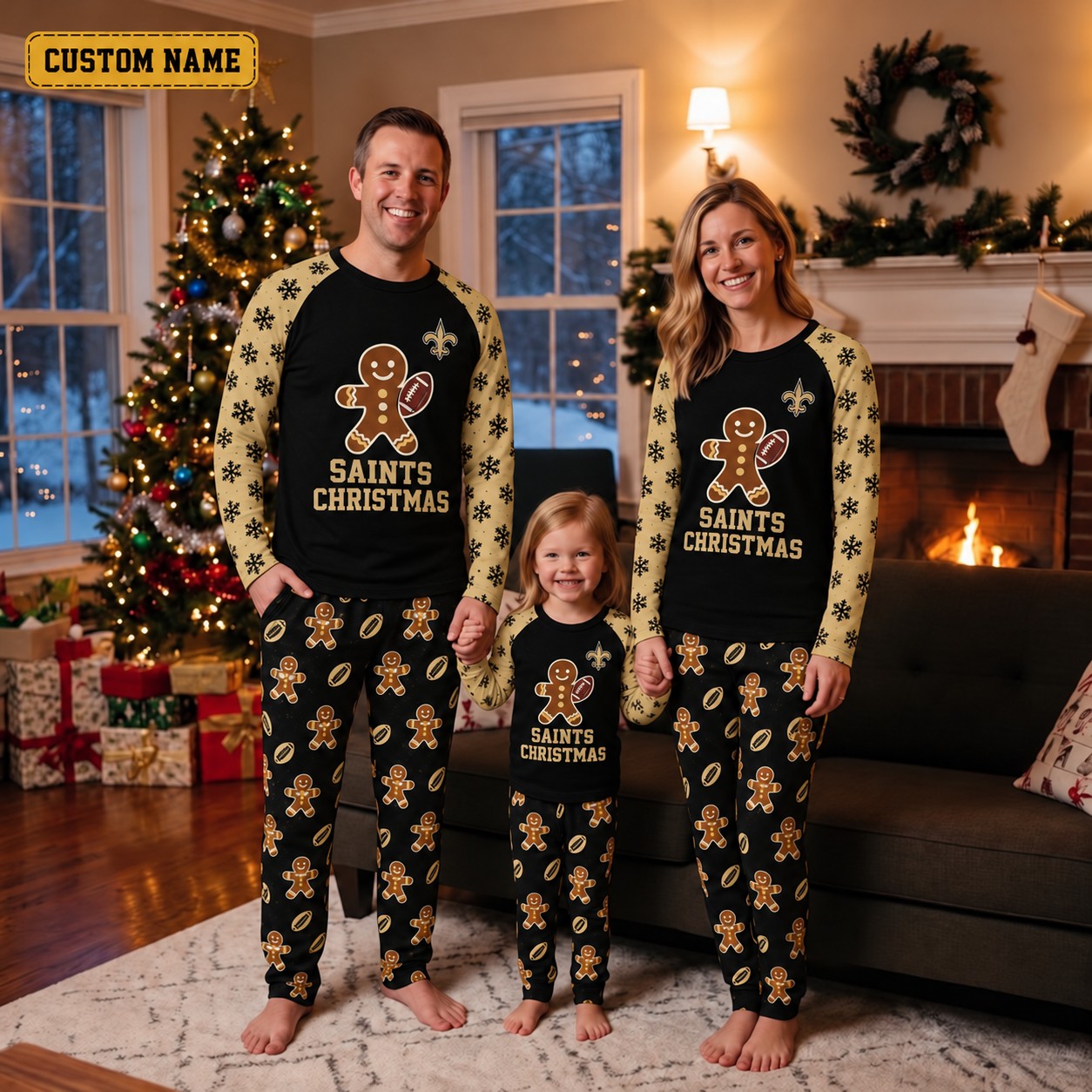New Orleans Saints family Christmas pajamas, gingerbread design