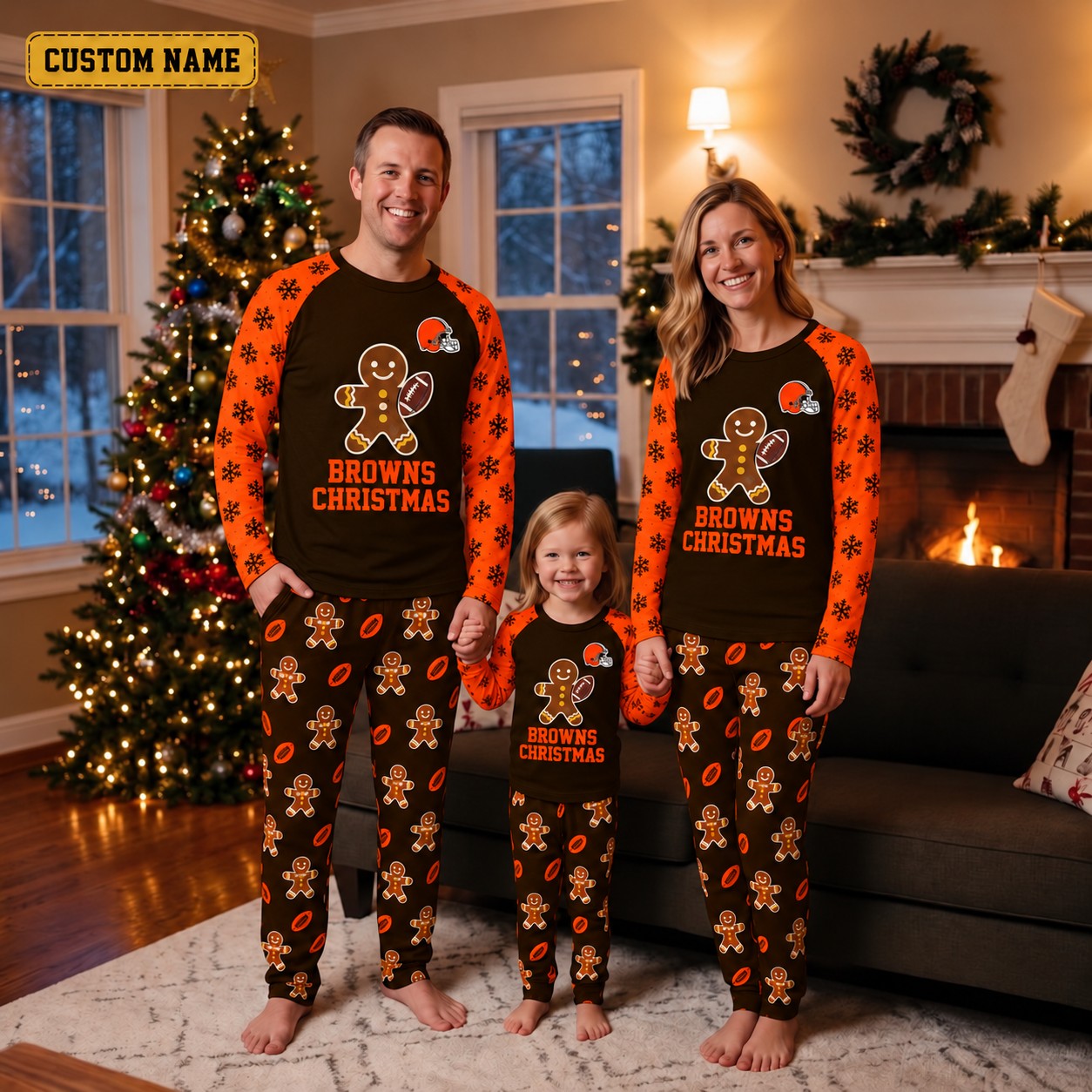 Cleveland Browns family Christmas pajamas, gingerbread design