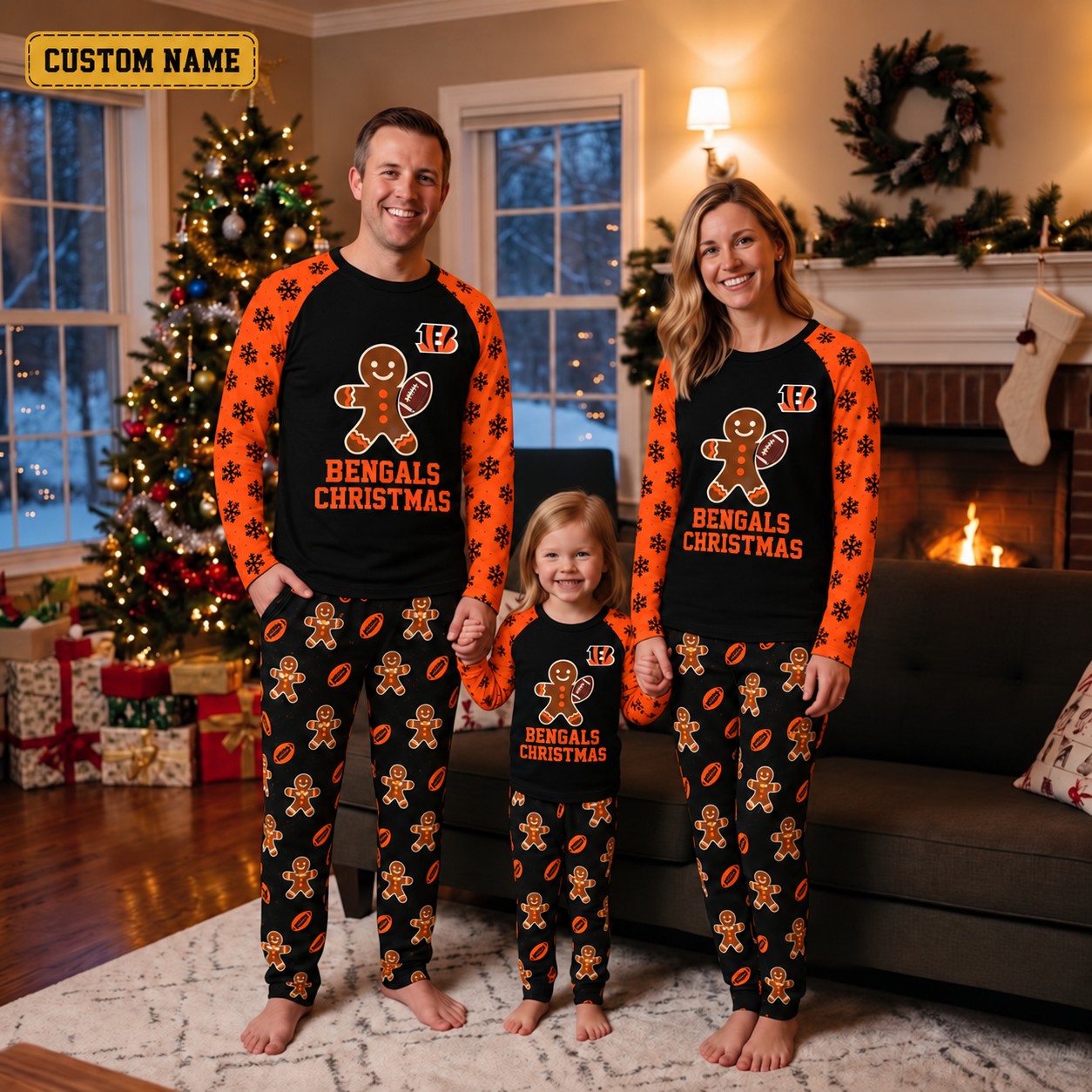 Cincinnati Bengals family Christmas pajamas, gingerbread design