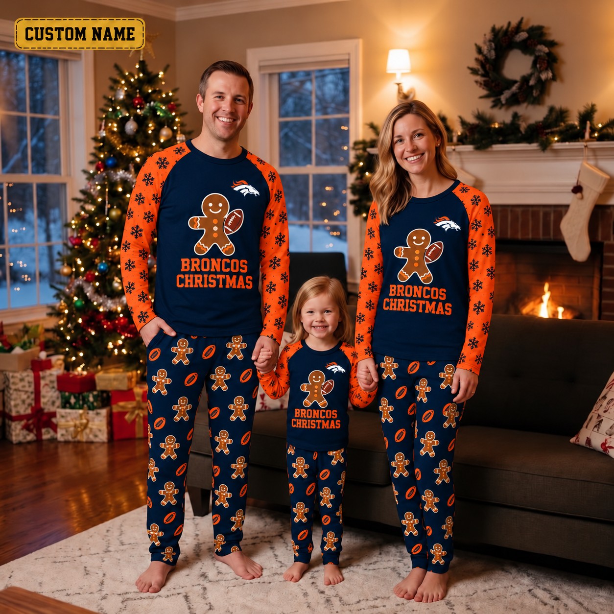 Denver Broncos family Christmas pajamas, gingerbread design