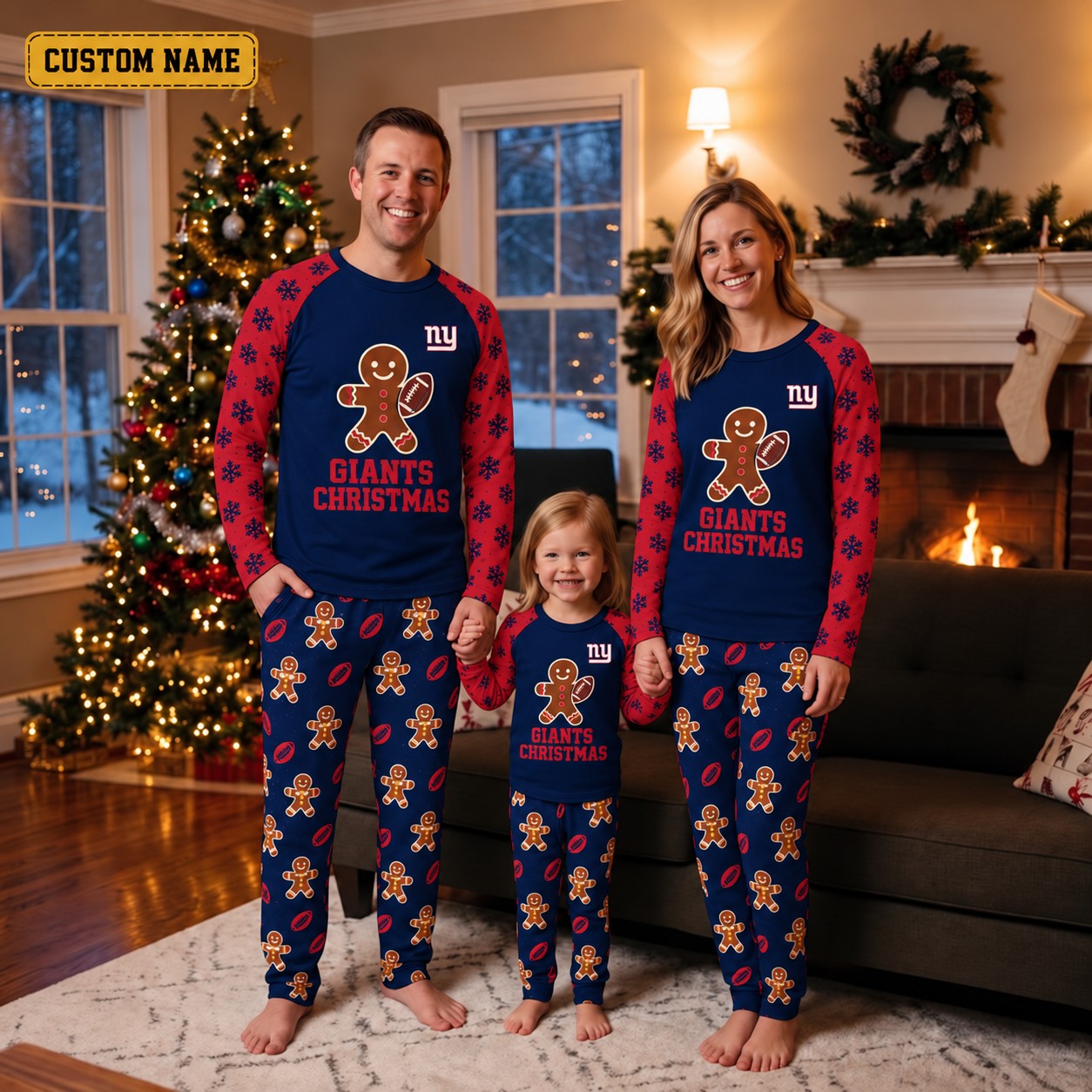 New York Giants family Christmas pajamas, gingerbread design