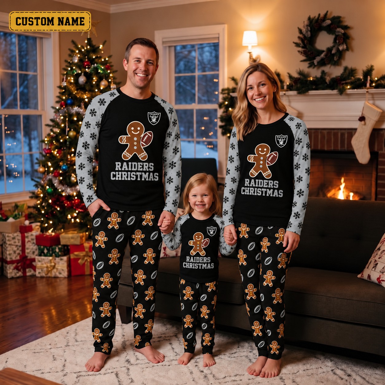 Las Vegas Raiders family Christmas pajamas, gingerbread design
