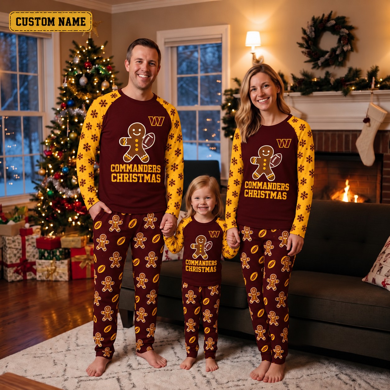 Washington Commanders family Christmas pajamas, gingerbread design