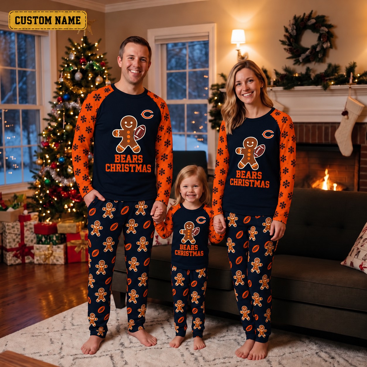 Chicago Bears family Christmas pajamas, gingerbread design