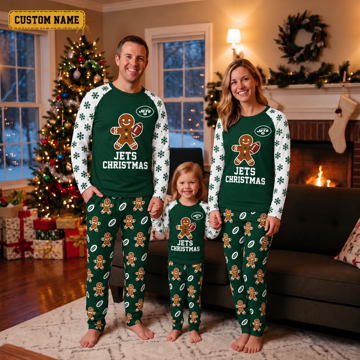 New York Jets family Christmas pajamas, gingerbread design