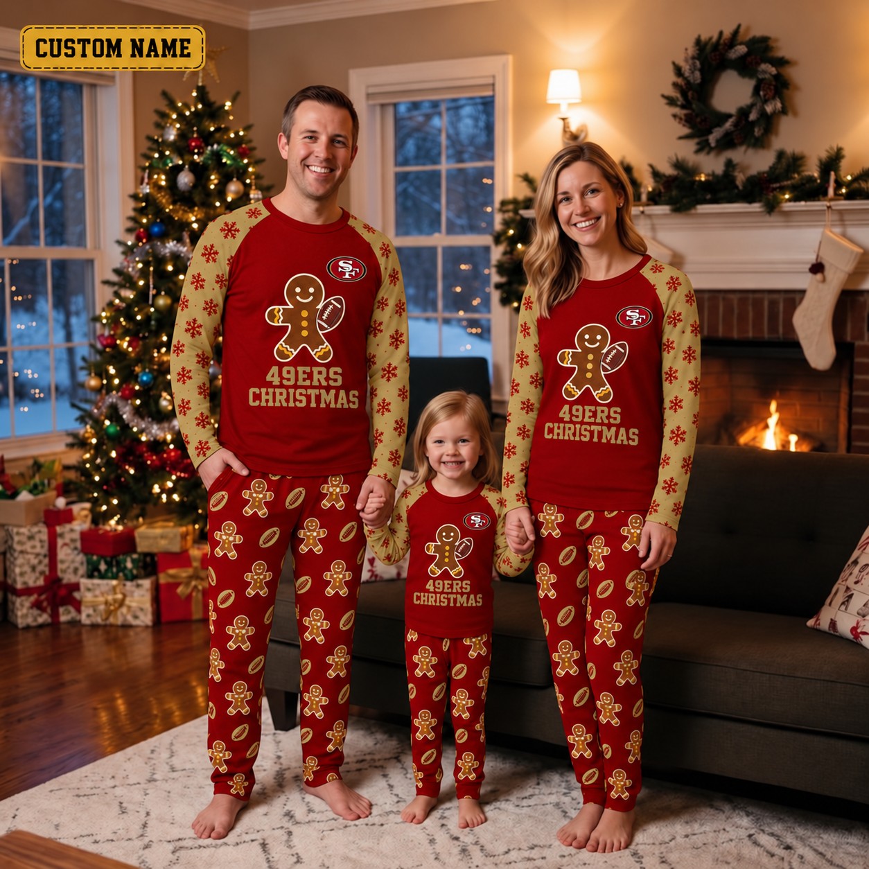 San Francisco 49ers family Christmas pajamas, gingerbread design