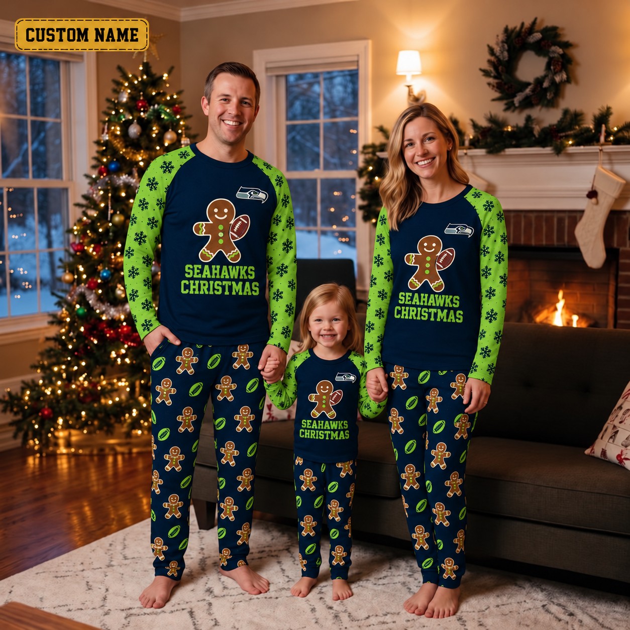 Seattle Seahawks family Christmas pajamas, gingerbread design