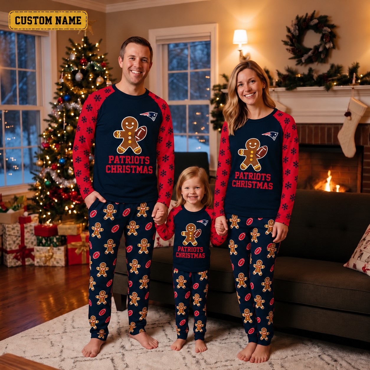 New England Patriots family Christmas pajamas, gingerbread design
