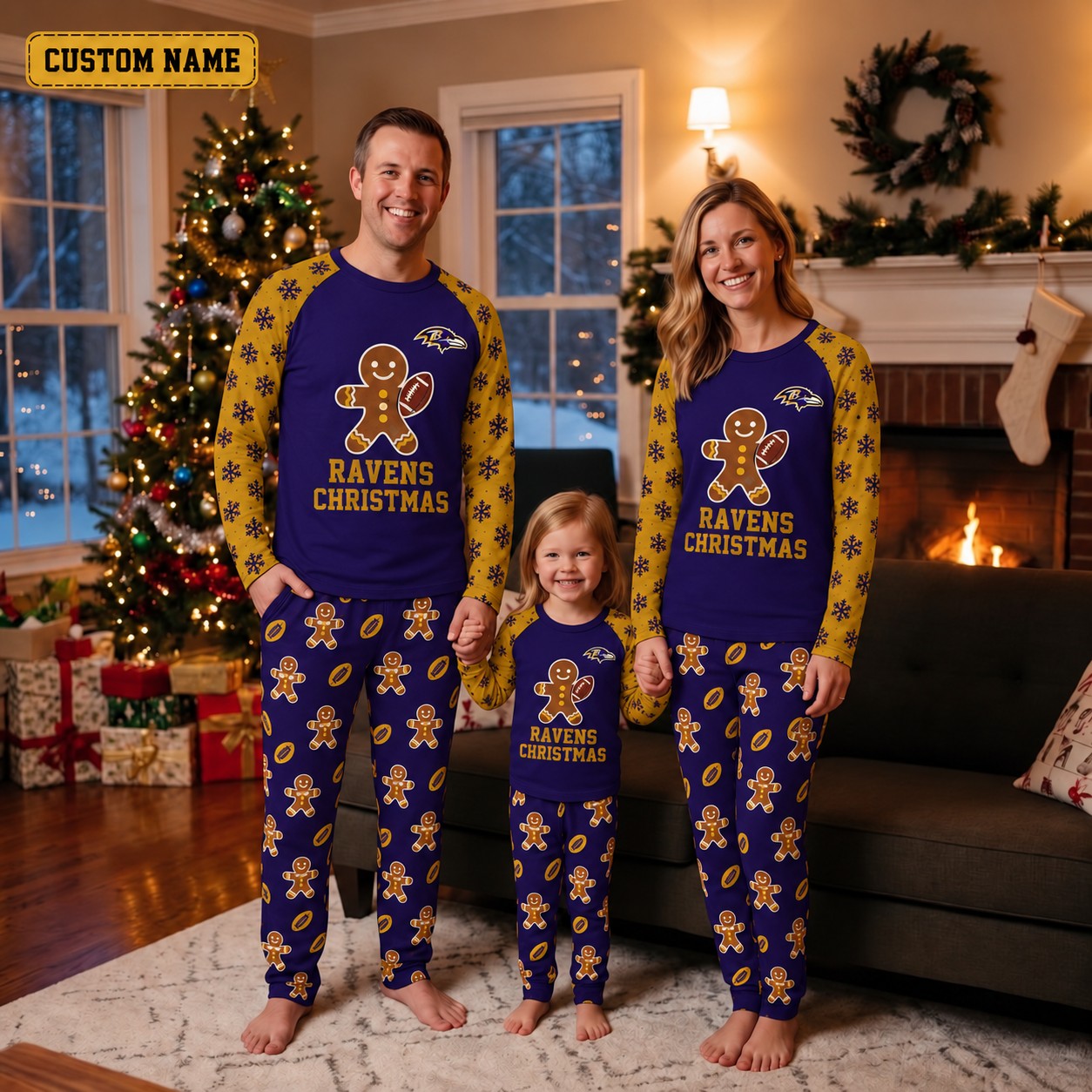 Baltimore Ravens family Christmas pajamas, gingerbread design
