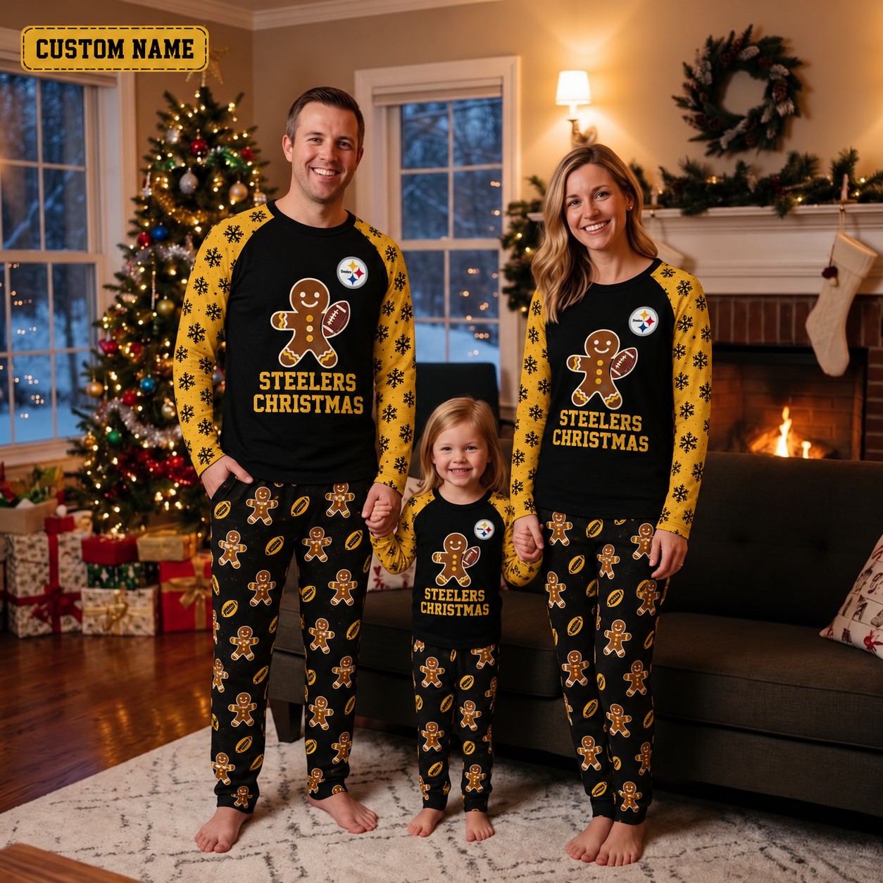 Pittsburgh Steelers family Christmas pajamas, gingerbread design