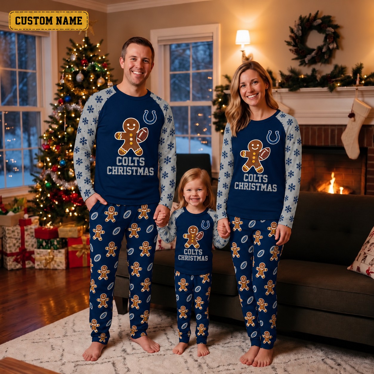 Indianapolis Colts family Christmas pajamas, gingerbread design