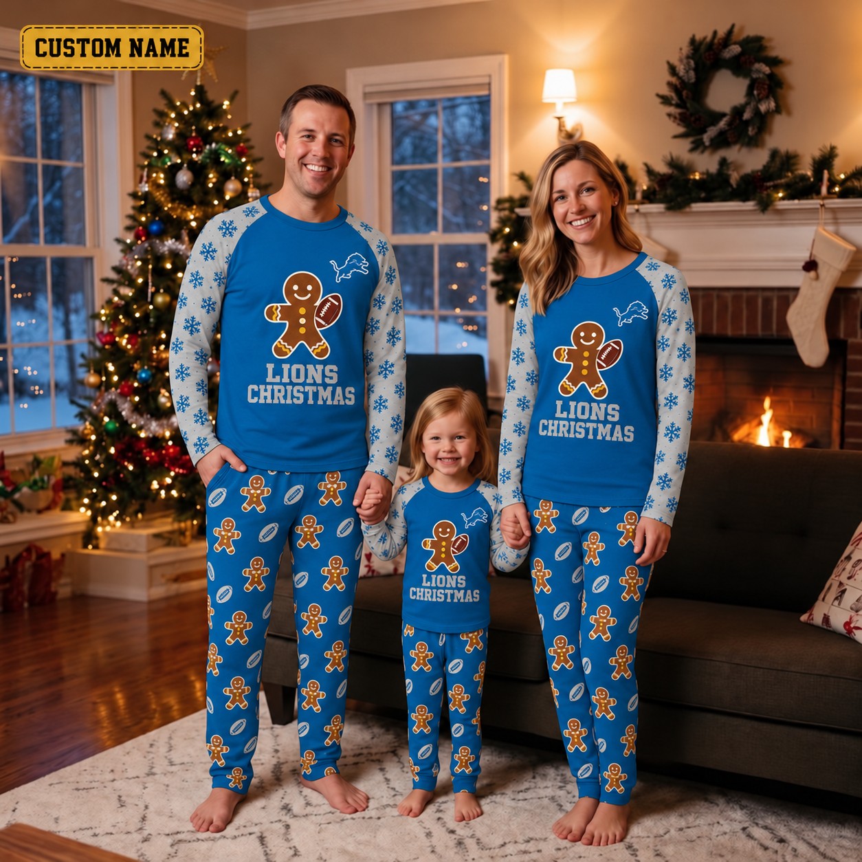 Detroit Lions family Christmas pajamas, gingerbread design