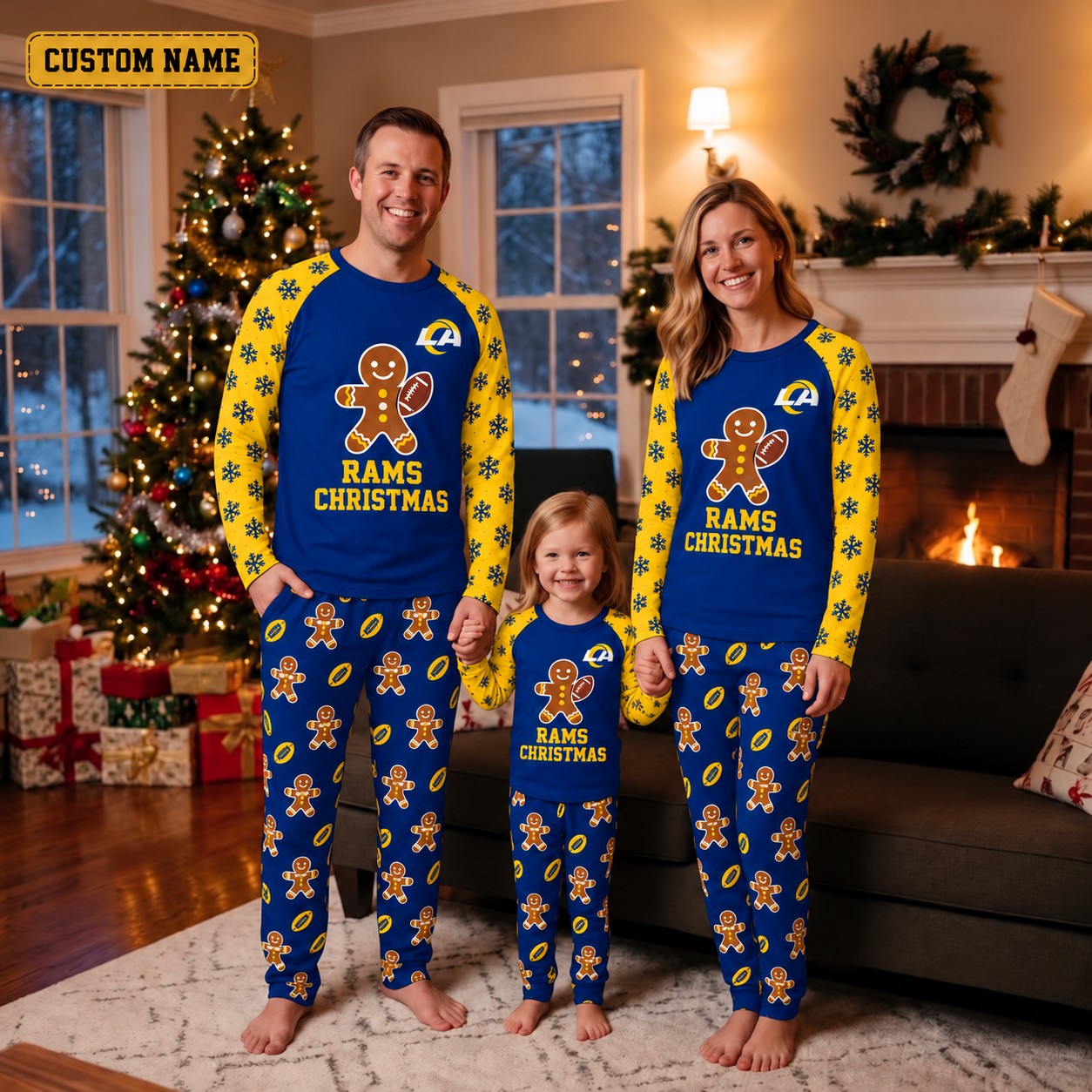 Los Angeles Rams family Christmas pajamas, gingerbread design