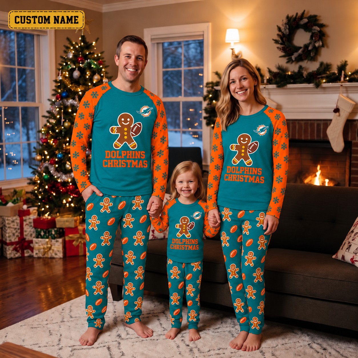 Miami Dolphins family Christmas pajamas, gingerbread design