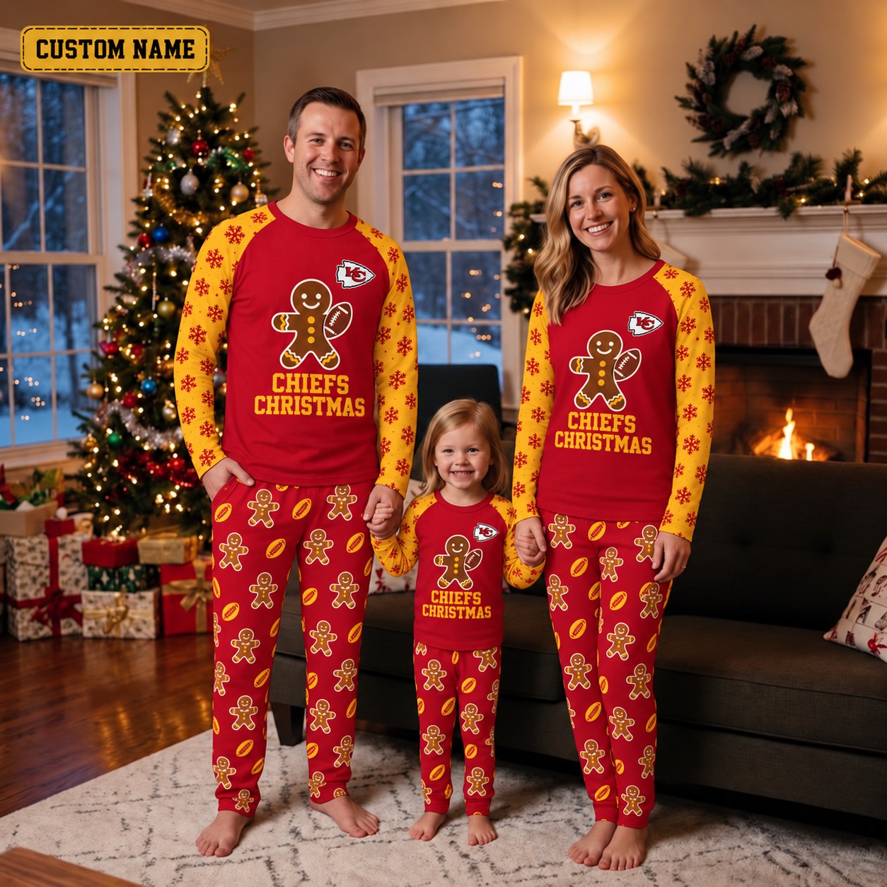 Kansas City Chiefs family Christmas pajamas, gingerbread design