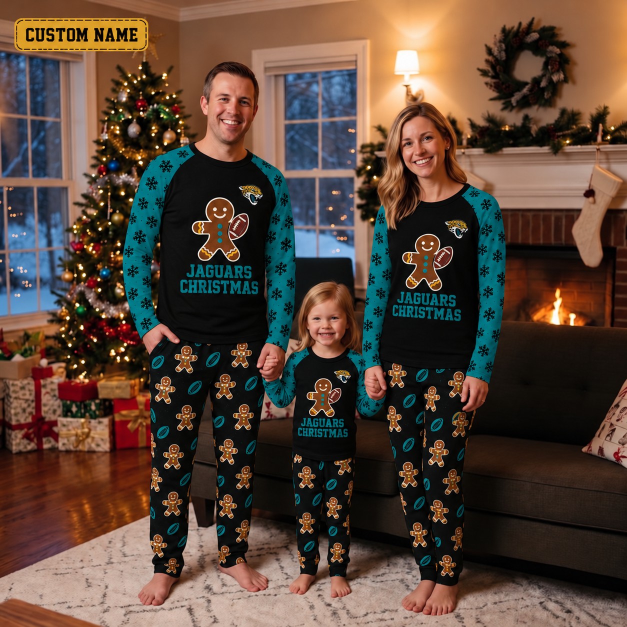 Jacksonville Jaguars family Christmas pajamas, gingerbread design