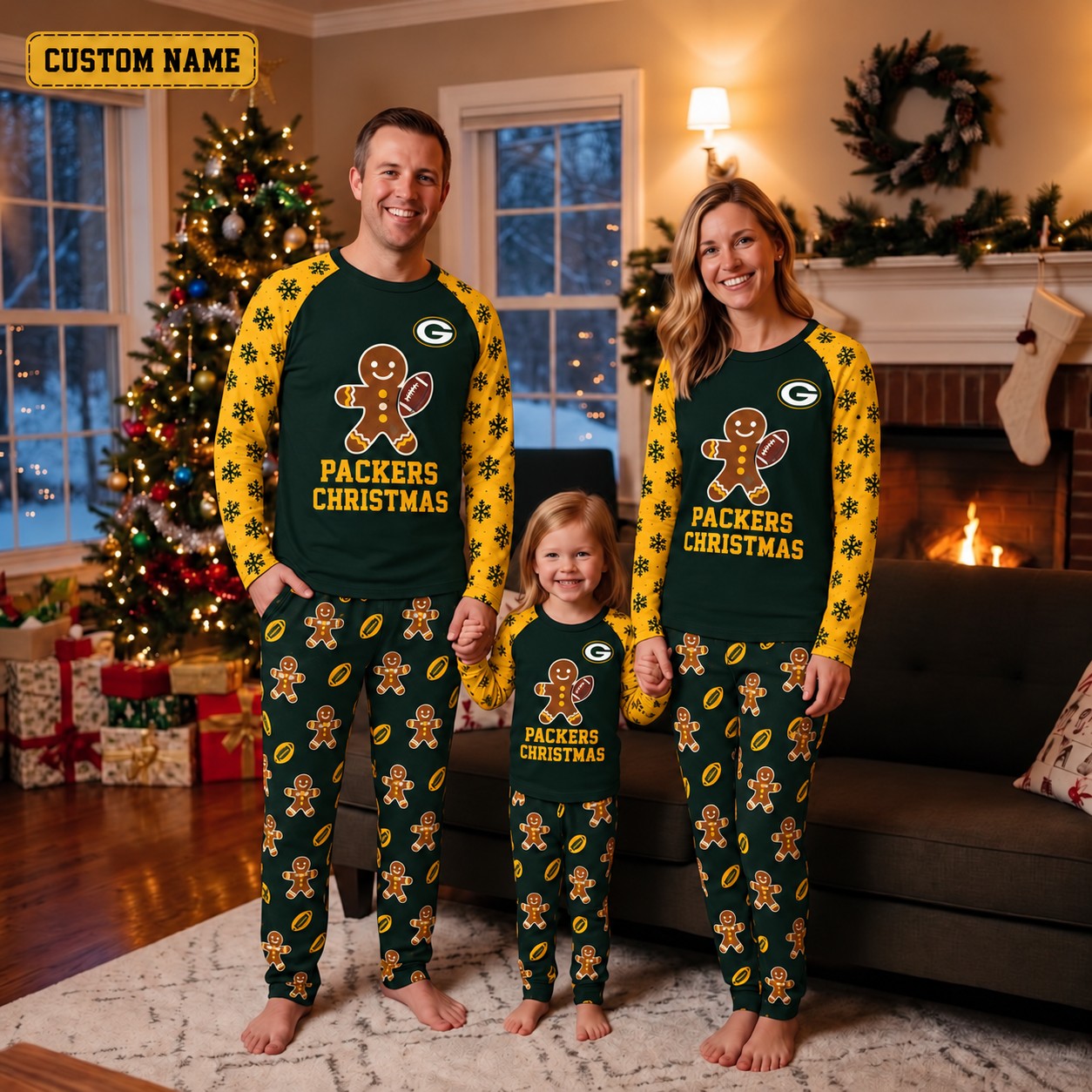 Green Bay Packers family Christmas pajamas, gingerbread design