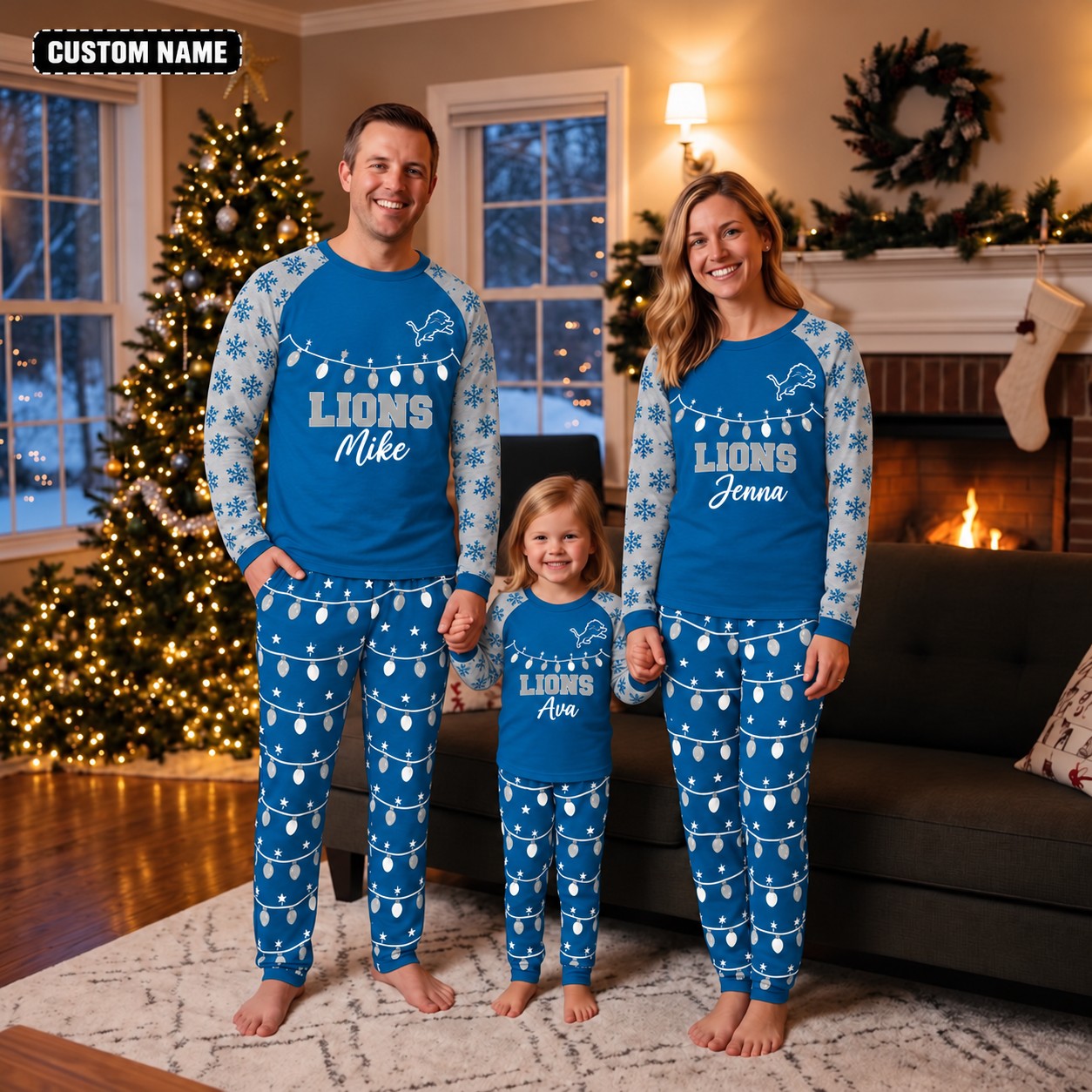 Detroit Lions family Christmas pajamas, string lights design