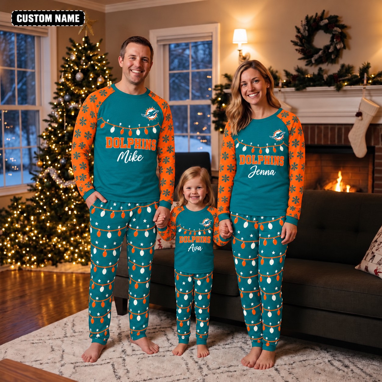 Miami Dolphins family Christmas pajamas, string lights design