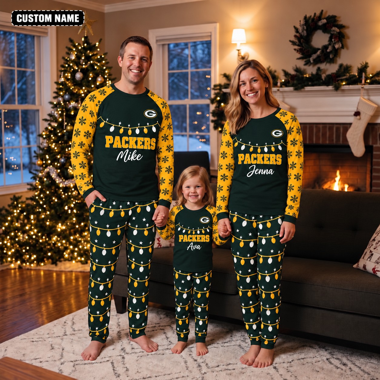 Green Bay Packers family Christmas pajamas, string lights design