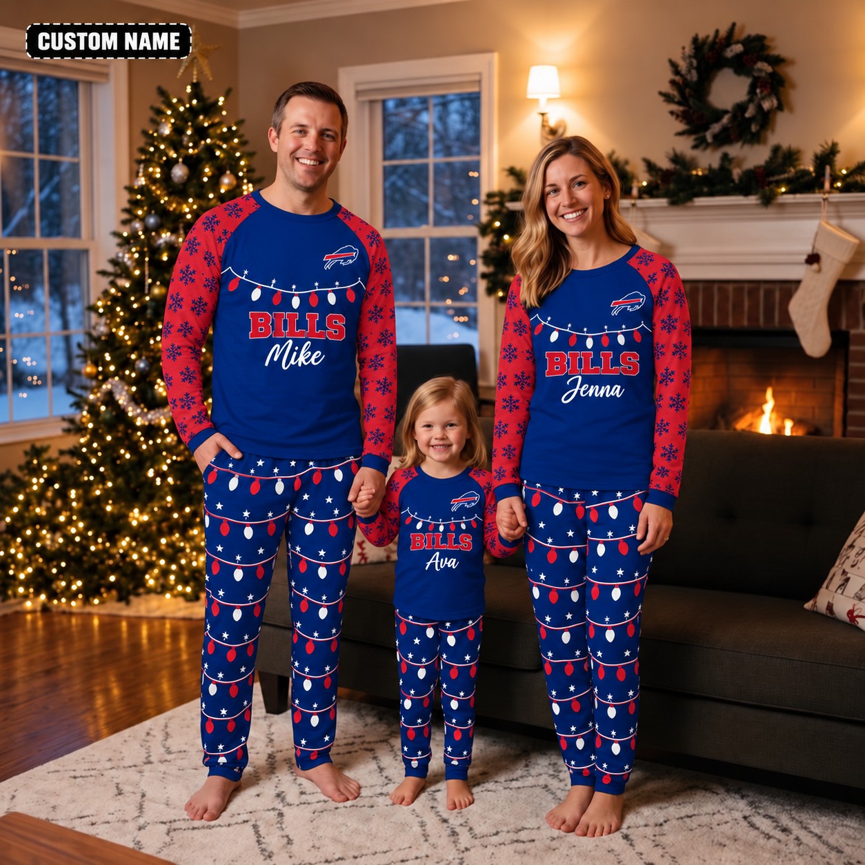 Buffalo Bills family Christmas pajamas, string lights design